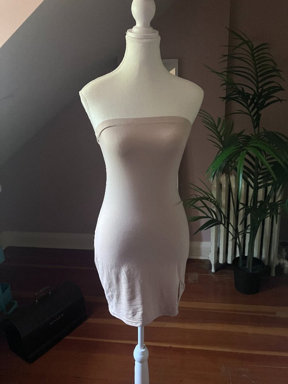 Stretchy nude tan mini length bodycon dress with thigh slit